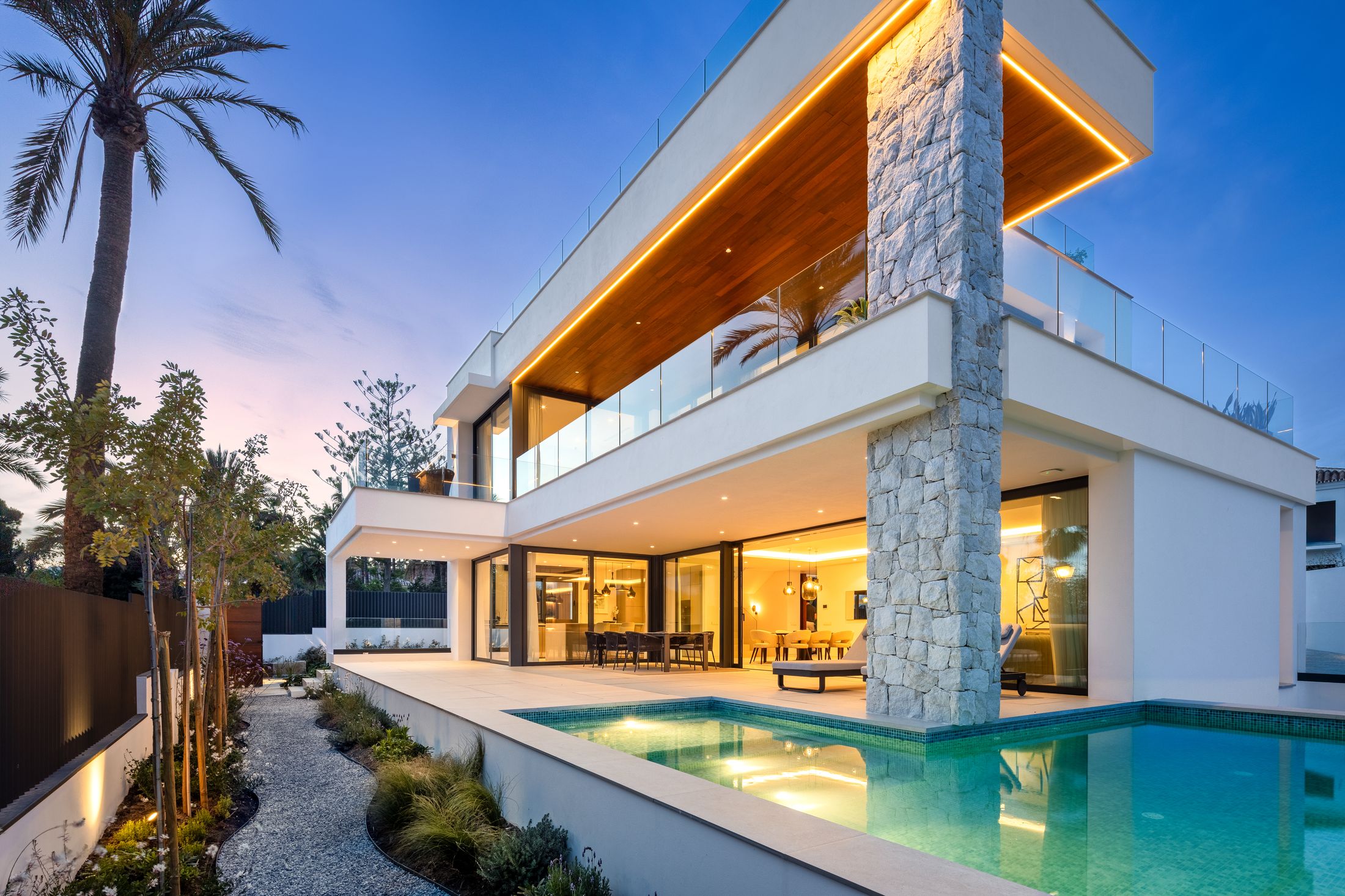 Villa exterior at dusk